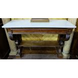 19thC Mahogany Console Table, the rectangular white marble top over a base with two stretcher