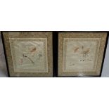Pair of 20thC Chinese needlework Birds on silk panels, woven tapestry surrounds, in black frames,