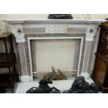 White Marble Fireplace, with Adams features, the doric-shaped side jams featuring rosettes above the