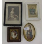 3 Miniature Portraits of 19thC Women & a hand painted crest on vellum (framed) (4)