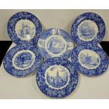 Set of 9 Blue and White American Dinner Plates by Wedgewood, “Boston Tea Party” etc