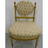 19thC French Gilt Framed Salon Chair with pineapple finials, the oval back and padded seat covered