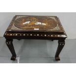 Low-sized Ebonised Coffee Table, inlaid with family of elephants, on 4 legs, 20”w x 14”h