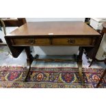 Mahogany Sofa Table with drop ends and two apron drawers, over a turned stretcher, on 4 splayed legs