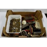 Box of old Coins – English Pennies, half pennies, fountain pen nibs, tacks, gramophone needles etc