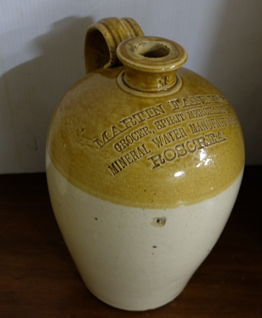 Stoneware Whiskey Jar, stamped “Fanning, Roscrea”, 12”h, very good condition