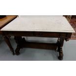 WMIV Mahogany Washstand, the moulded white marble top over 2 apron drawers and stretcher shelf,