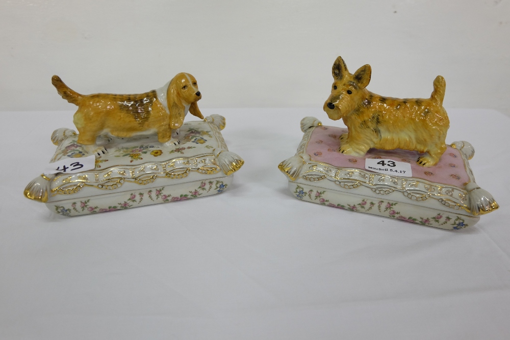 Pair of Porcelain Trinket Dishes, mounted with figure of terrier and a beagle, each 7”w