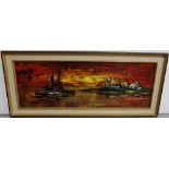 Oil on Canvas, “Sunset at Port”, signed Peter Kee.. (illegible) 44”w x 18”h