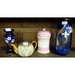 Chemists Pink Ground Porcelain Storage Jar with lid, two Bristol blue glass vases & a majolica