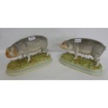 Matching Pair of Grey Porcelain Pigs, on natural floral bases, 11”w x 7”h