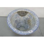 Victorian porcelain toilet bowl, blue and white with Italian landscapes, 17”l x 15”w