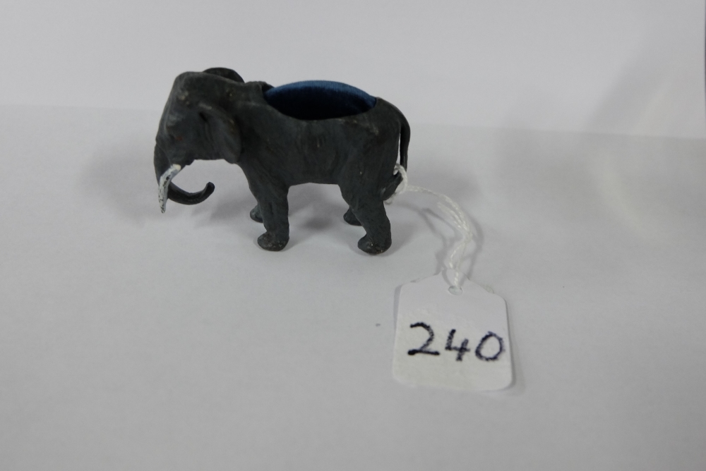 Pin cushion, cold painted bronze, in the form of a small elephant, 2”h