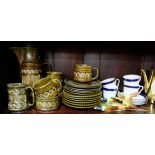 Shelf of china items – ornaments, part gold tea set, decanter, figurines & brown pottery cups,