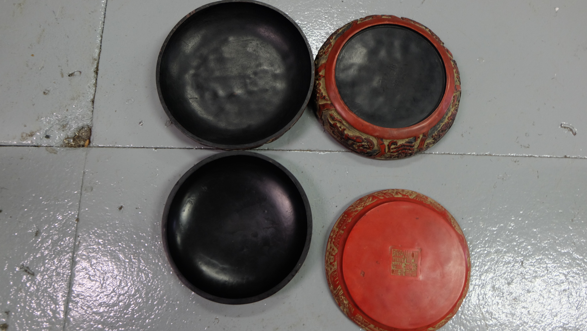 2 Chinese lacquer circular dishes with lids, overlaid with red dragons, 7” & 9” dia - Image 3 of 3