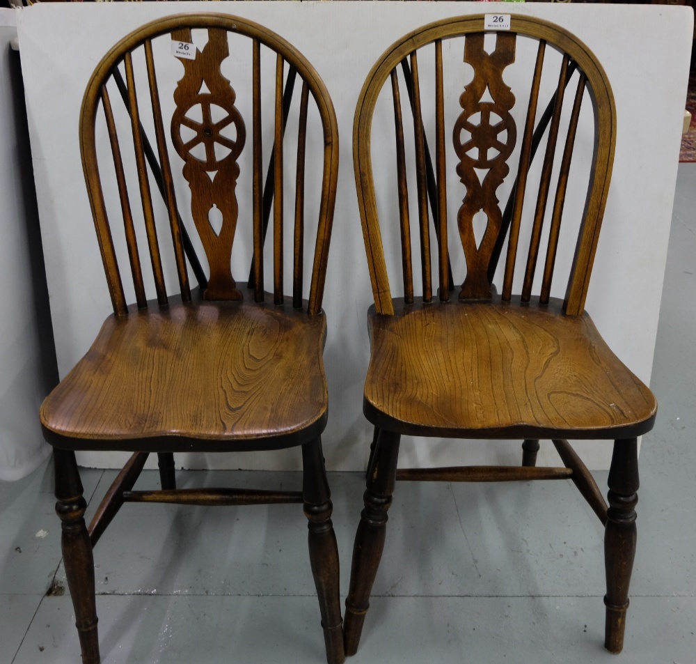 Pair of 19thC Pine Wheelback Kitchen Chairs, turned legs