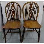 Pair of 19thC Pine Wheelback Kitchen Chairs, turned legs