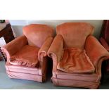 Matching Pair of Fireside Armchairs, covered with pink velour fabric, low backs