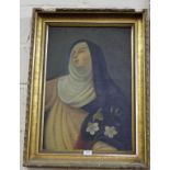 19thC Oil on Board, Portrait of a Religious Lady wearing a habit, carrying white lilles, in a