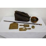 Old Doctors Leather Bag, Blackthorn Walking Stick, 4 butter pats, small box and wooden bowl of I.