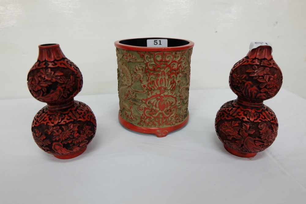 3 Pieces of Chinese lacquer incl. a pair of red overlaid low-sized double gourd vases 6”h & a