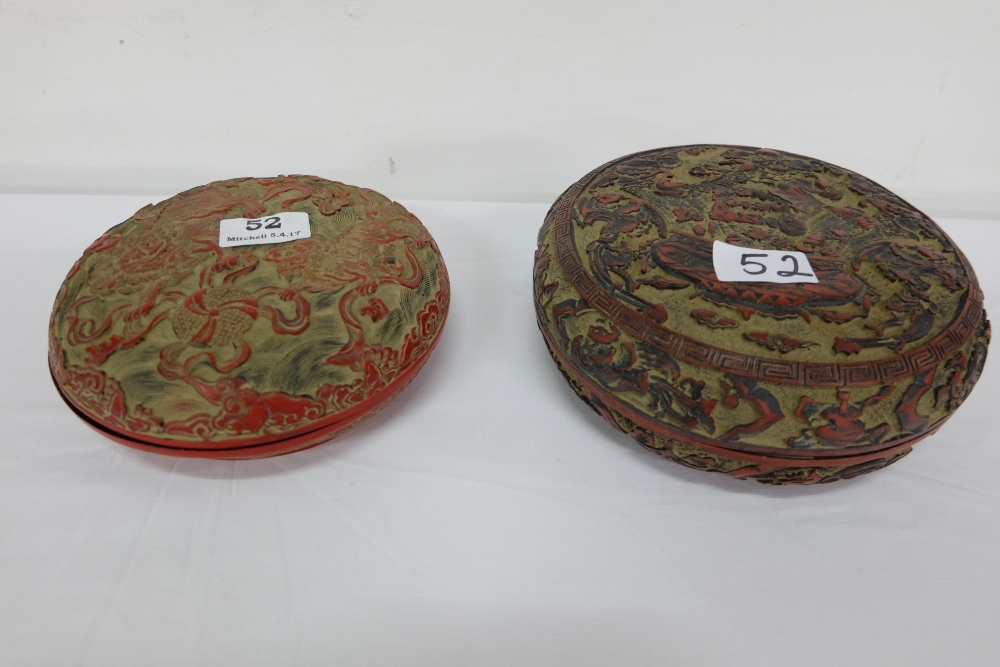 2 Chinese lacquer circular dishes with lids, overlaid with red dragons, 7” & 9” dia