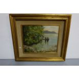 Oil on Canvas, River Landscape, signed J Haenni (Swiss School), in gold frame, 31”w x 27”h