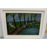 Jimmy Bingham, Oil on Board, “Swinging by the Lake with Fisherman”, signed, 29.5”w x 20”h