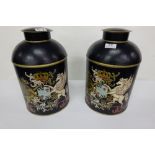 Matching Pair of Armorial Decorated Tea Bins, black ground, each 15”h