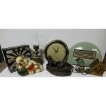 Group of items – 3 modern clocks, heater, plaster buddah, candle scones, brass money box, fishing