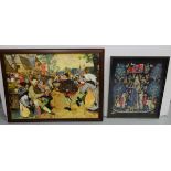 Two framed needlepoint pictures – Armorial Crest & Tudor Village Party (2)