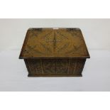 19thC Carved Oak Bible Box, with hinged slope front top, 15” x 10”