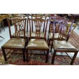 Matching Set of Six late-19thC Mahogany Chippendale Dining Chairs, with drop-in brown leather