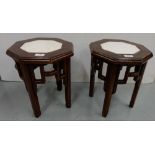 Matching Pair of low sized Chinese style hardwood lamp tables, with marble tops, 14.5”h x 12” dia