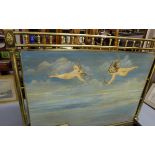 French early 20thC Brass Framed Bed, hand painted with cupid murals on the headboard and baseboards,