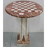 Red marble chess table, Art Deco Style, on a square base, 7”dia x 27”h