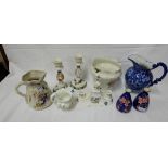 9 pieces English China – pair James Kent Candlesticks, pair Vases, 3 Jugs, jardinière, candelabra (