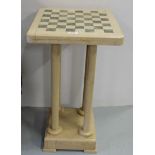 Beige Marble Occasional/Chess Table, on 4 turned columns, square base, green inlay, 28”h x 16” sq