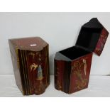 Matching Pair of hand painted Knife Boxes, red ground, decorated with a water fountain and doves,