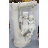 Marble Garden Figure – Boy and Girl on a single swing, suspended from a tree branch, with their dog,