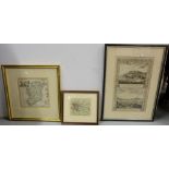 3 Antique Prints - 2 framed Maps – “City of Dublin” (9”w x 8”w) & “Island of Ireland” (14”sq) & “