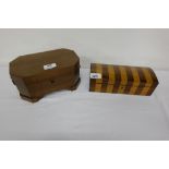 Two Jewellery Boxes – 1 rosewood with satinwood stripes, red velvet lining & 1 mahogany with green