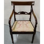 Country Mahogany Carver Armchair, pink fabric covered seat, turned front legs.