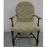 Queen Ann Style Child’s Chair, with scrolled arms, grey green fabric, 19”w x 29”h