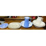 4 pottery basins, 2 ewers, 3 meat plates & set of 6 modern Spode Blue Room “Botanical” plates (15)