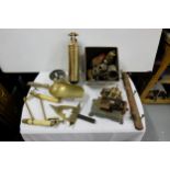 Two boxes of brass items – carbides lamps, fire extinguisher, 3 mini sewing machines, trivet etc