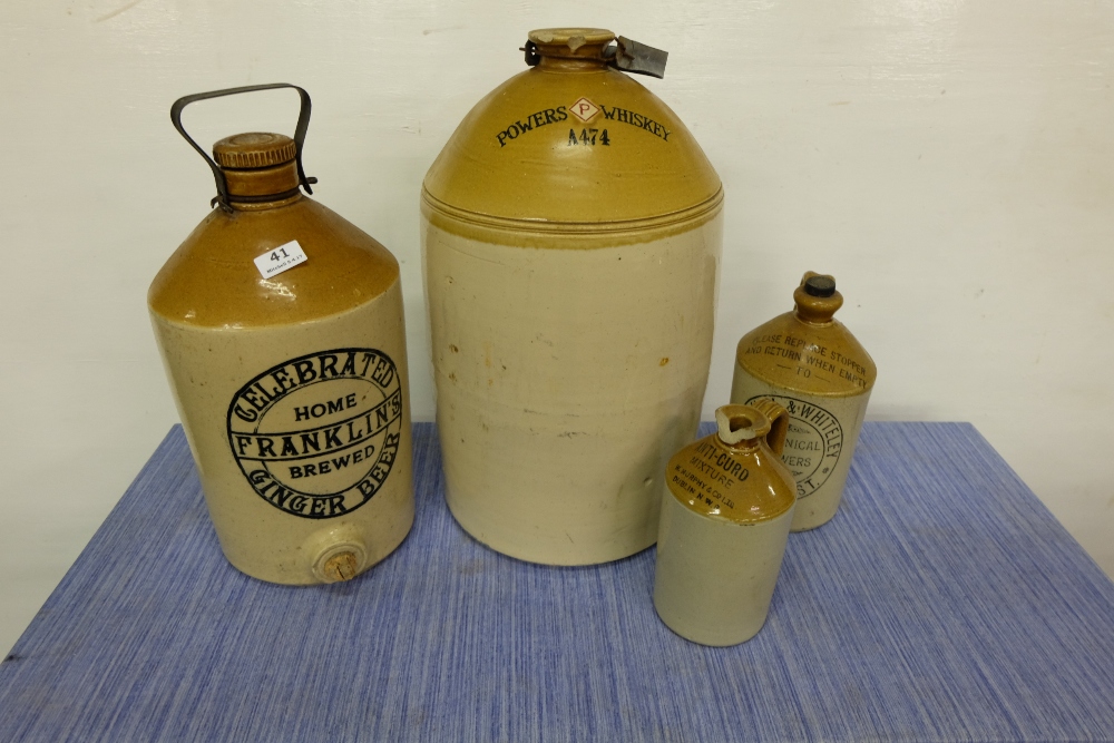 4 stoneware Whiskey Jars, various sizes – 1 tall “Powers Whiskey A474”, 1 Franklin’s Ginger Beer,