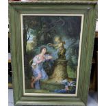 Large Oil on Canvas, classic lady in a blue cloak, greet a cherub, signed E Anthony, large moulded