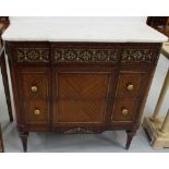 French Mahogany Side Cabinet of 3 drawers, brass knobs and decorative brass panels, with white