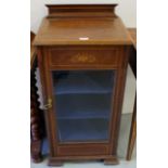 Edwardian Mahogany Music Cabinet, with a hinged top lid and glass panelled door, 3 velvet covered